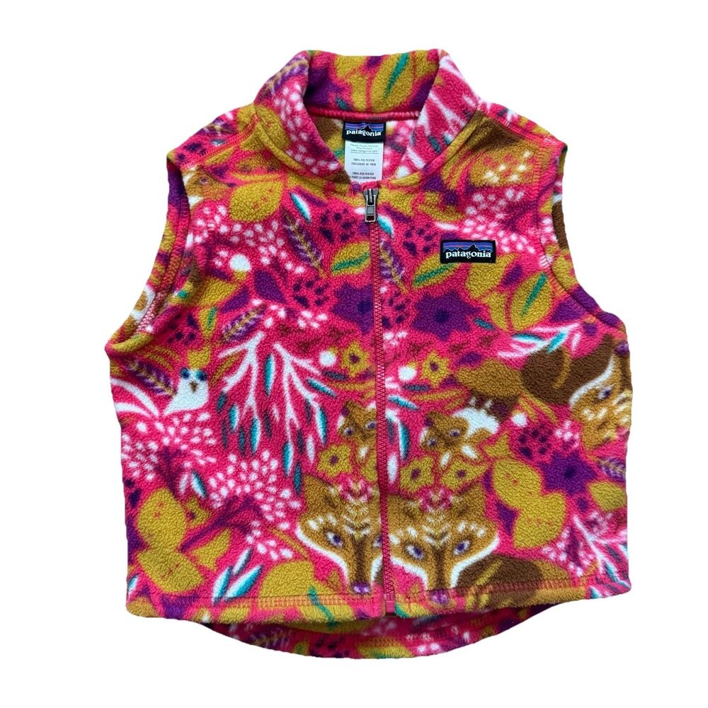 Patagonia Baby Fleece Vest 12M Pink Woodland Animals Full Zip Kids Jacket
